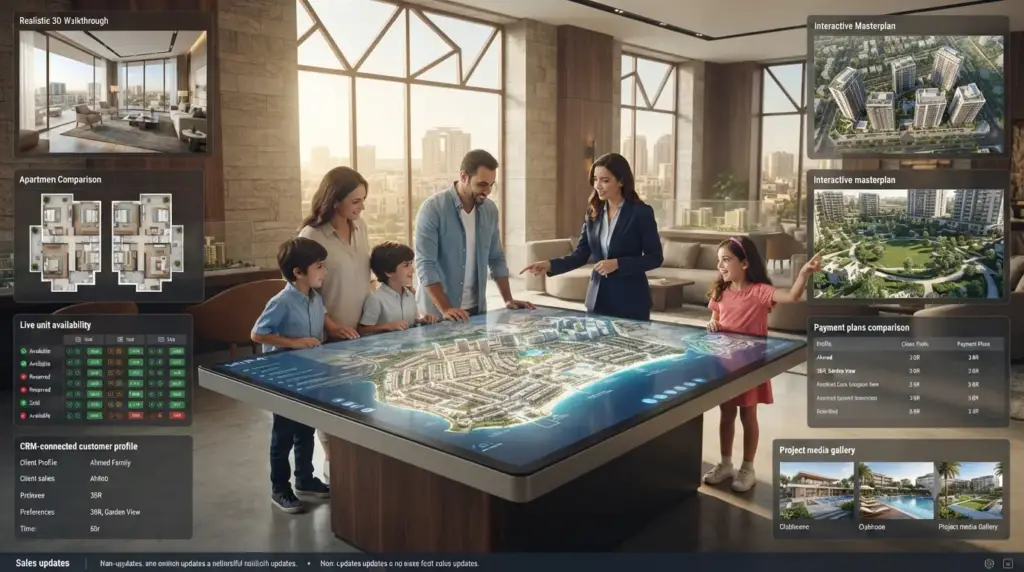 MIRA real estate platform showing a 3D walkthrough, CRM data, and real-time unit updates for an Egyptian project